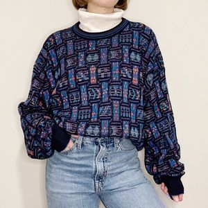 Vintage Blue Chunk Knit Sweater Oversized Print L